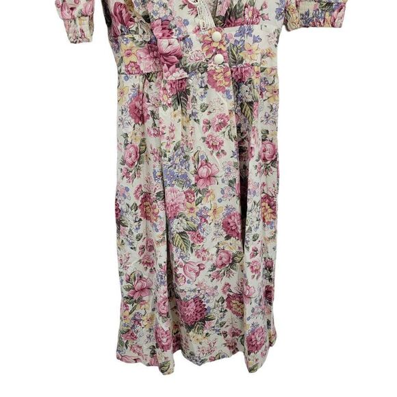Vtg 80's Womens L Dress Cottage Core Mock Wrap Puff Sleeve Full Midi Floral Pink - Picture 9 of 10